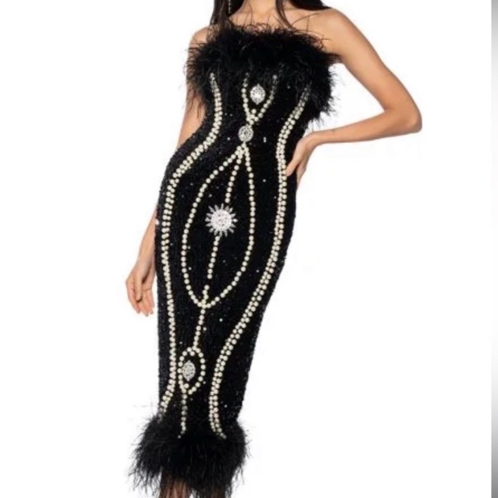 Strapless Black Sequin Feather-Trim Evening Dress